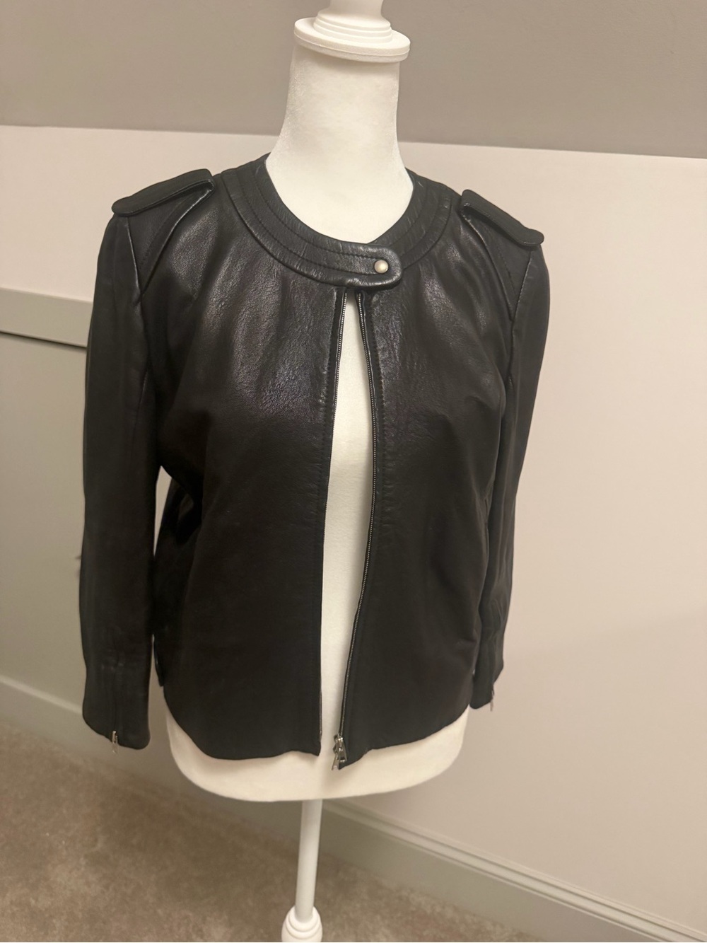 Miu Miu Black Leather Collarless Moto Jacket 2009 Epaulettes Zip Cuff IT 40 US 4